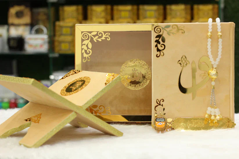 Peach Acrylic Box Quran Pak with Rehal, Tasbih, and Counter